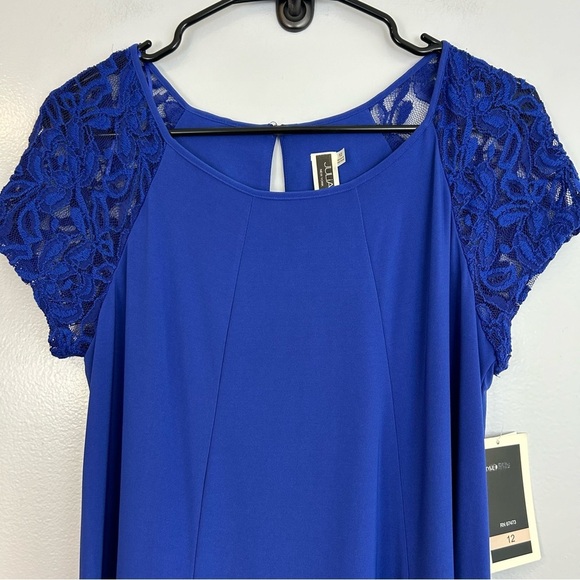 NWT Julian Taylor Royal Blue Lace Shoulder Shift Dress Size 12 - Picture 2 of 9